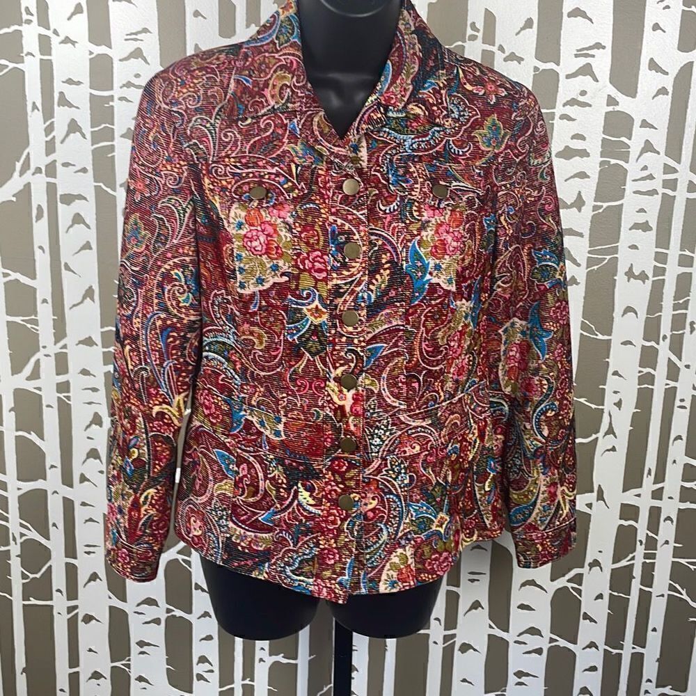 Coldwater Creek Colorful Paisley & Vintage Rose Print Corduroy Jean Jacket sz PX